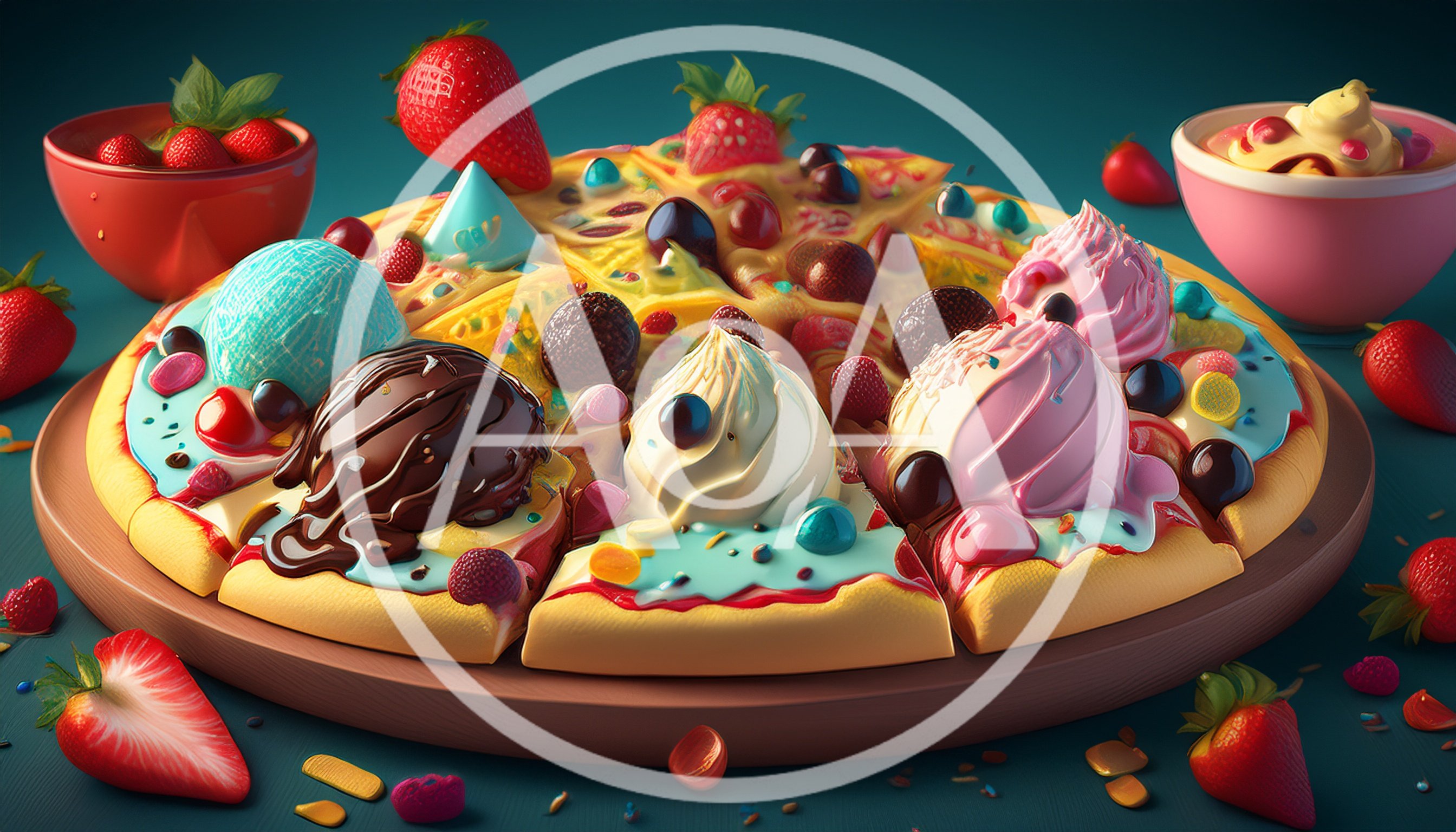 Dessert Pizza Topped With Ice Cream And Fresh Strawberries