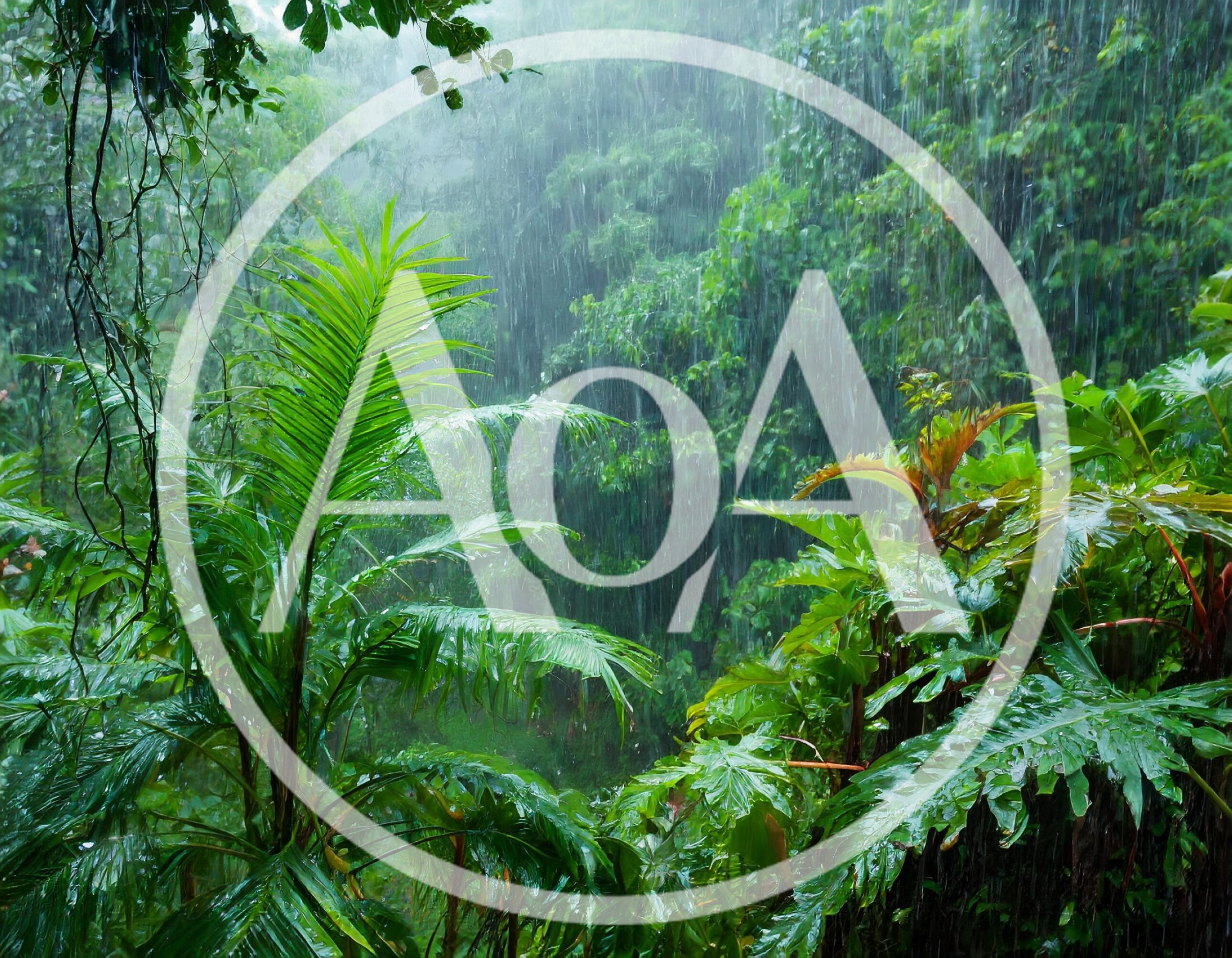 Heavy Tropical Rain Falling In A Lush Rainforest