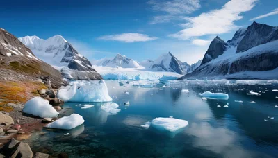 Glacial Landscape With Icebergs In Arctic Fjord