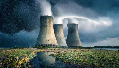 Three Nuclear Cooling Towers Under Stormy Sky