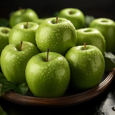 Fresh Green Granny Smith Apples on Wooden Plate