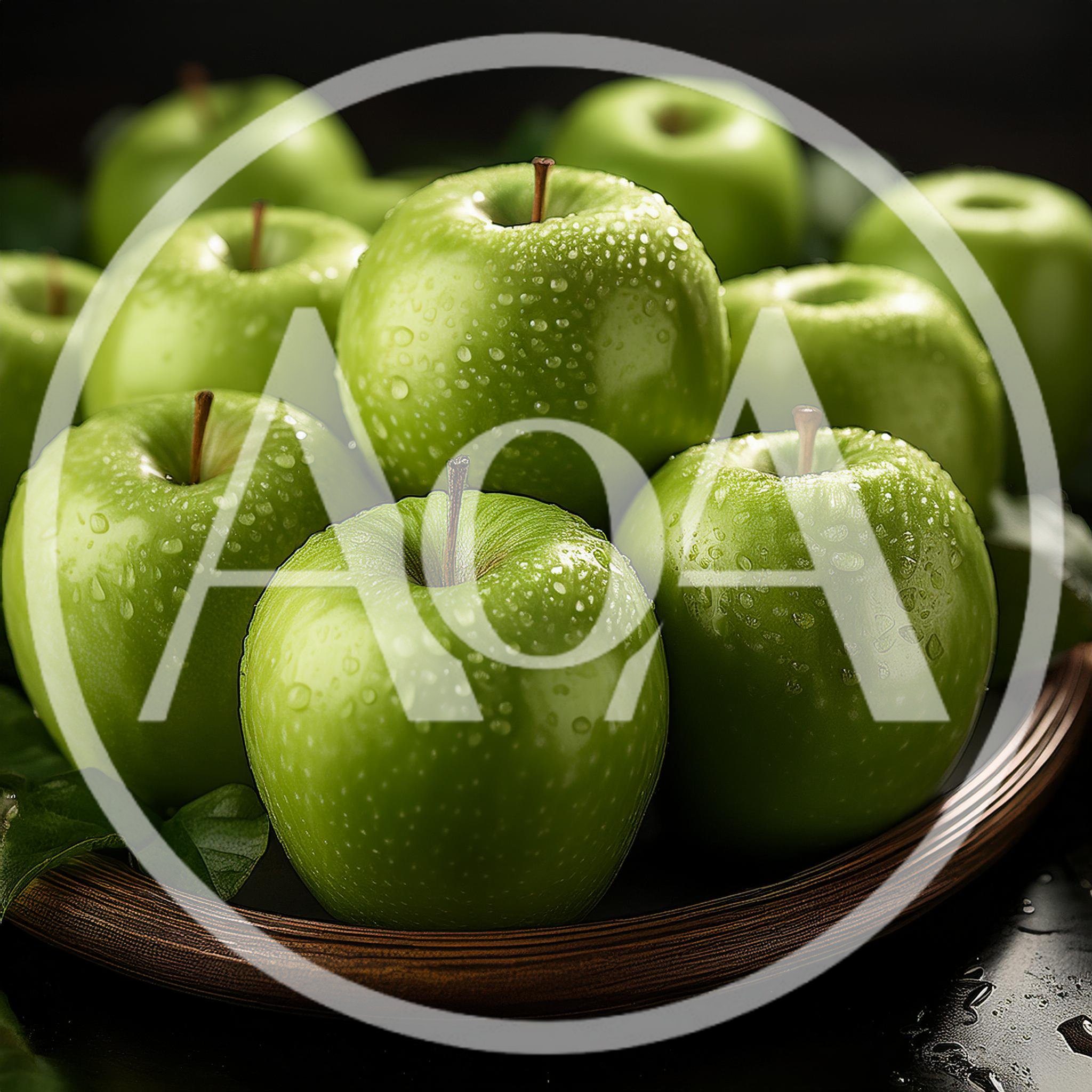 Fresh Green Granny Smith Apples on Wooden Plate