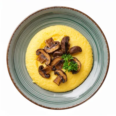 Polenta With Sautéed Mushrooms In A Ceramic Bowl