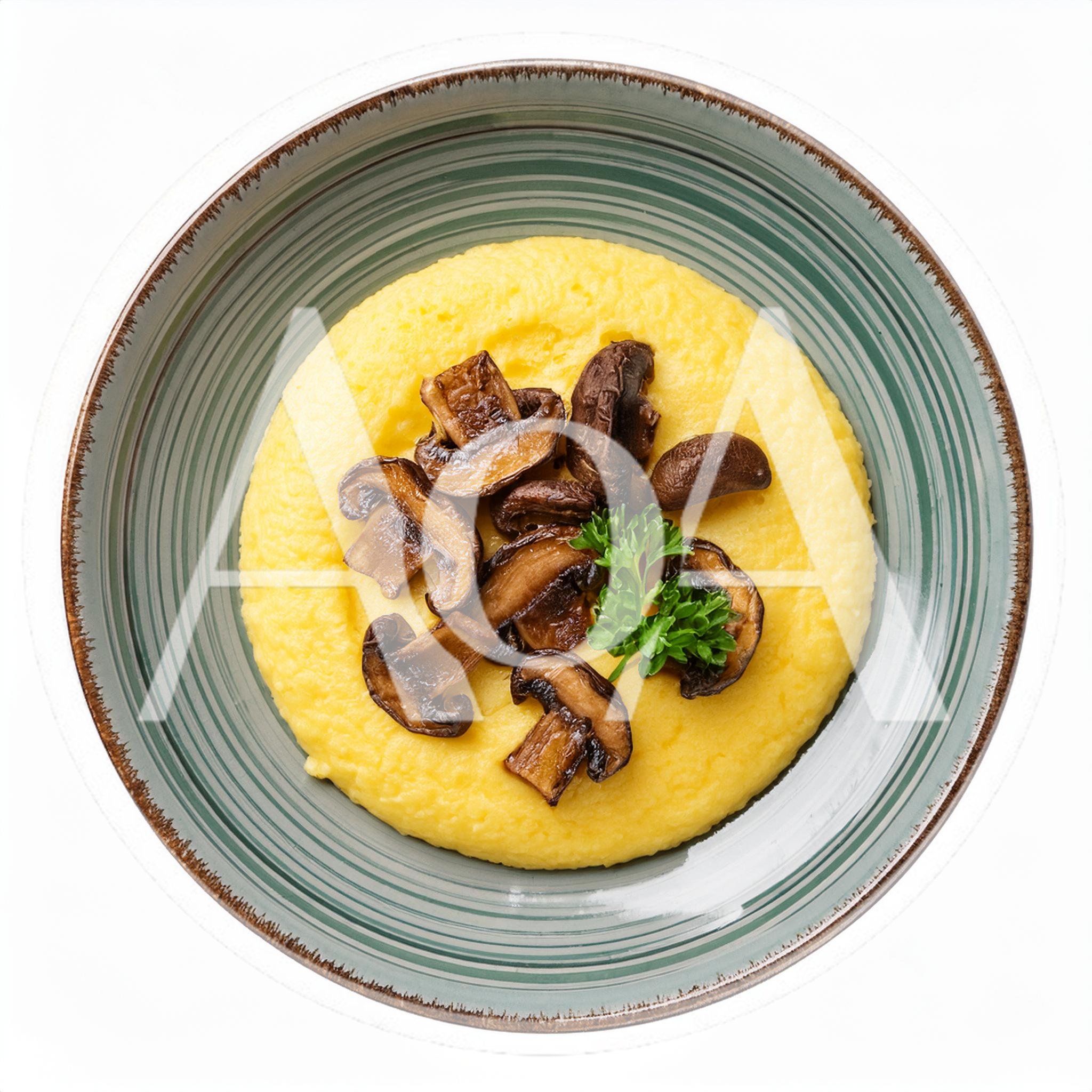 Polenta With Sautéed Mushrooms In A Ceramic Bowl