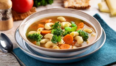 Bowl of Vegetable Soup with Pasta and Broccoli