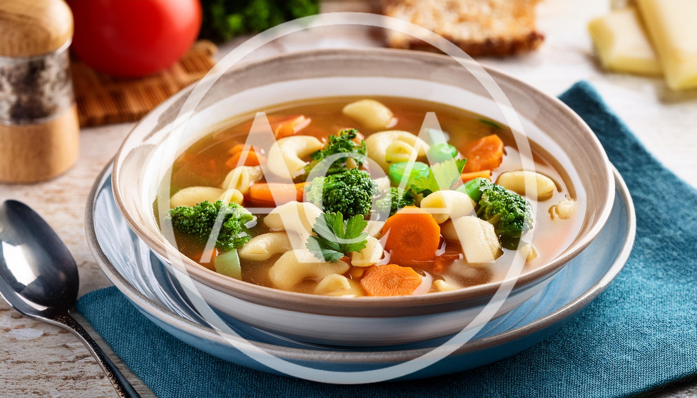 Bowl of Vegetable Soup with Pasta and Broccoli