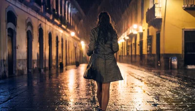 Woman Walking Down A Rainy Cobblestone Street At Night