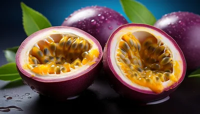 Fresh Cut Passion Fruit Halves With Water Droplets