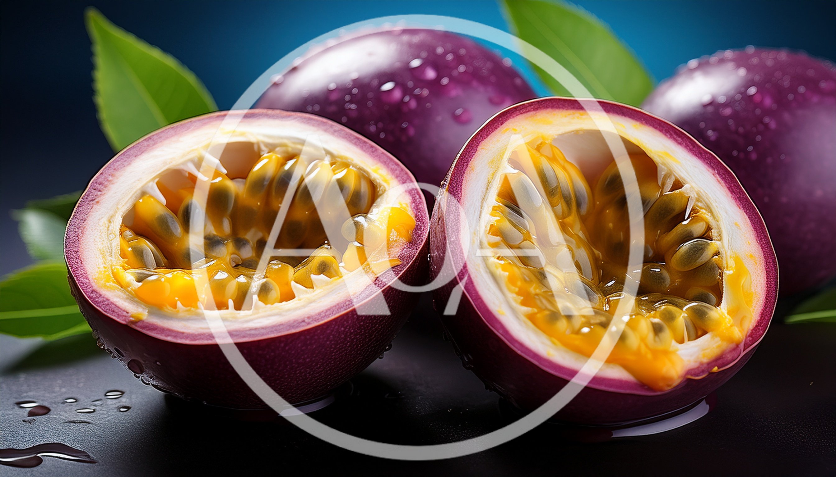 Fresh Cut Passion Fruit Halves With Water Droplets