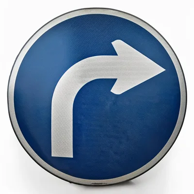 Blue Circular Road Sign With White Right Turn Arrow