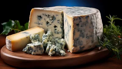 Wheel Of Blue Cheese On A Wooden Board