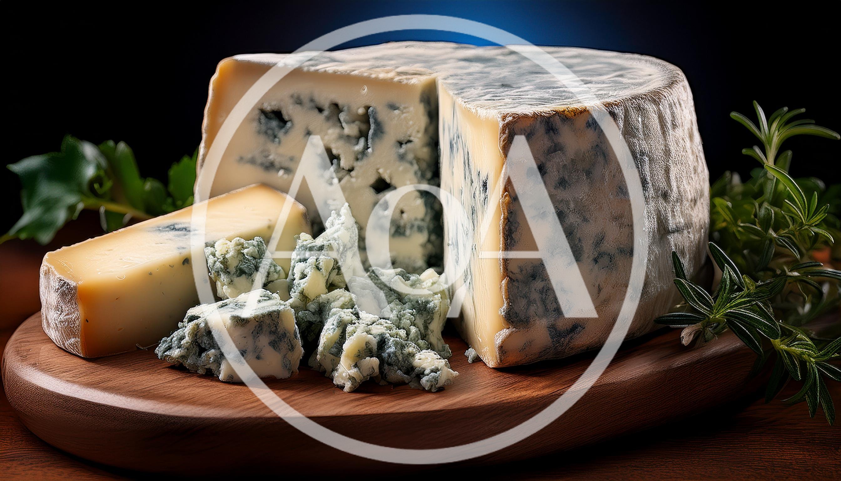 Wheel Of Blue Cheese On A Wooden Board