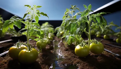 Green Tomato Plants Growing In Hydroponic Greenhouse