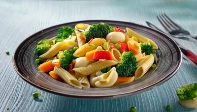 Penne Pasta Salad With Fresh Vegetables On Plate