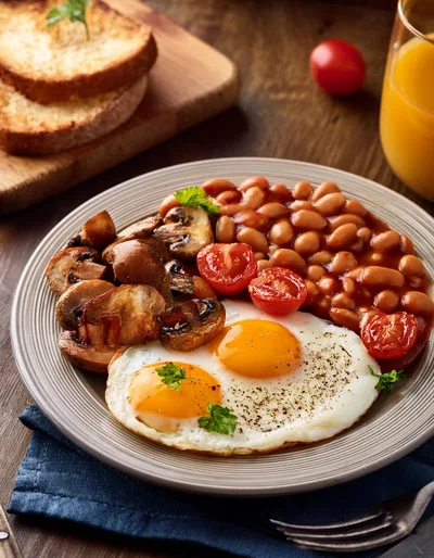Traditional English Breakfast Plate With Eggs And Beans