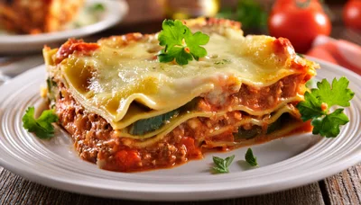 Freshly Baked Lasagna Slice On A White Plate