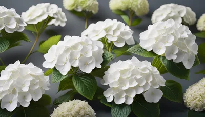 White Hydrangea Flowers Blooming Against Grey Background