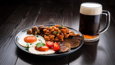 Full English Breakfast With Dark Beer On Wooden Table