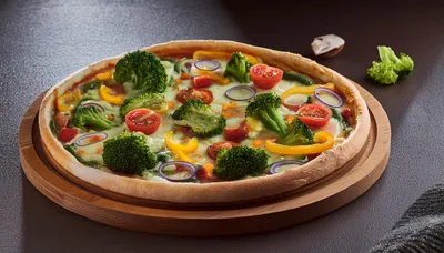 Vegetable Pizza With Broccoli And Tomatoes On Wooden Board
