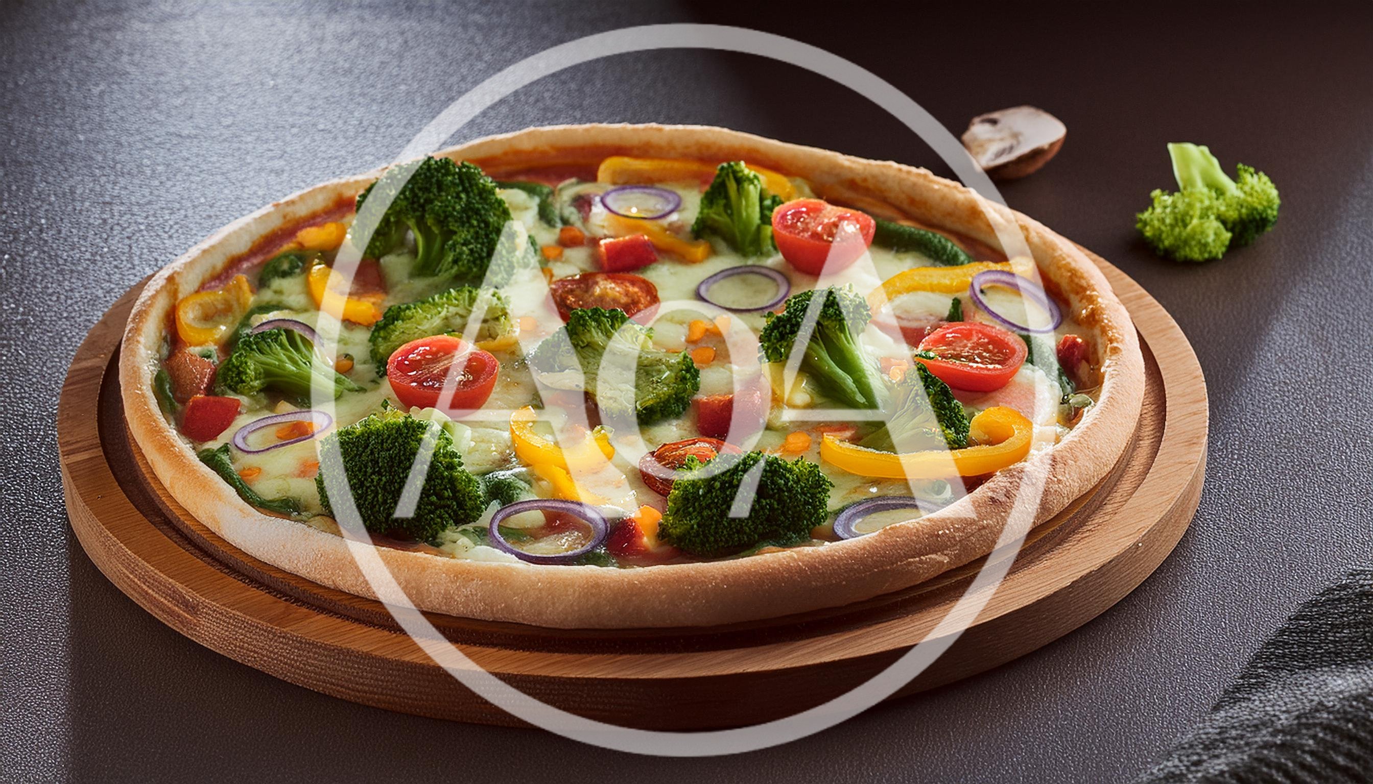 Vegetable Pizza With Broccoli And Tomatoes On Wooden Board