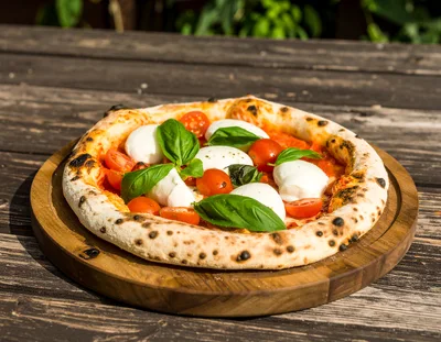 Fresh Neapolitan Margherita Pizza On Wooden Board