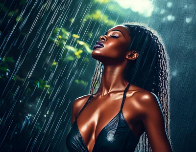 Beautiful Woman Standing Under Heavy Rain