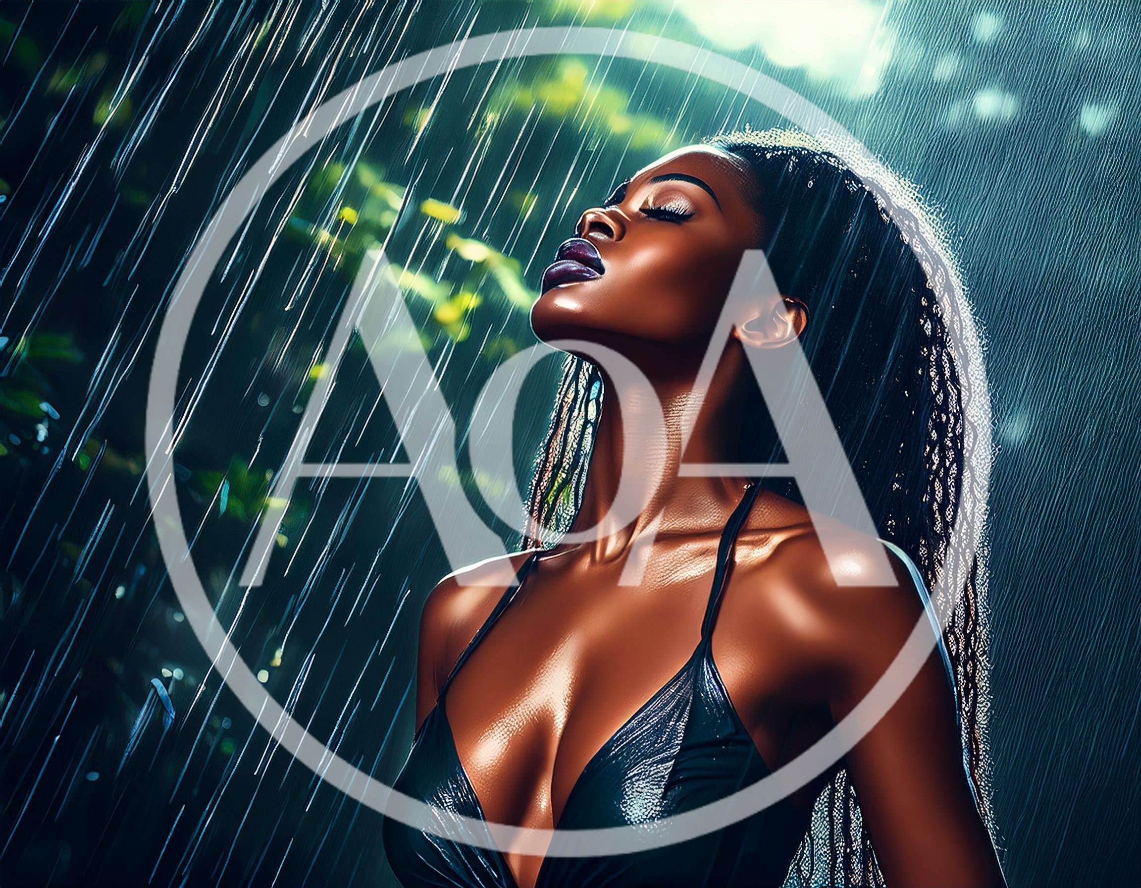 Beautiful Woman Standing Under Heavy Rain