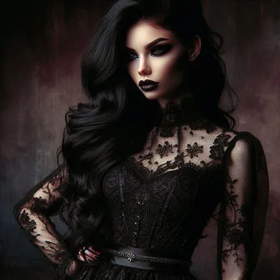 Gothic Woman With Long Black Hair In Lace Dress