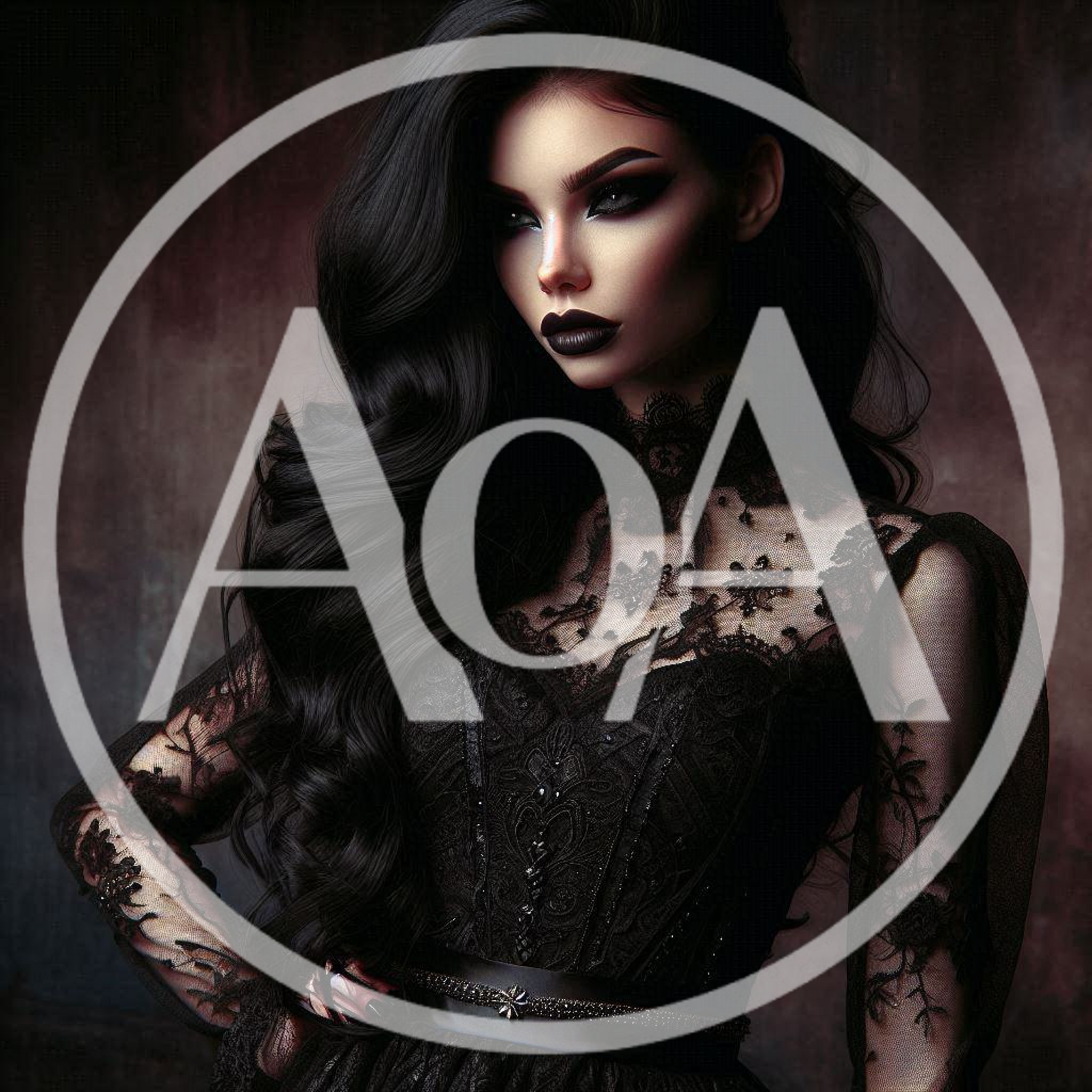 Gothic Woman With Long Black Hair In Lace Dress