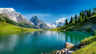 Stunning Alpine Lake With Snow Capped Mountain Peaks