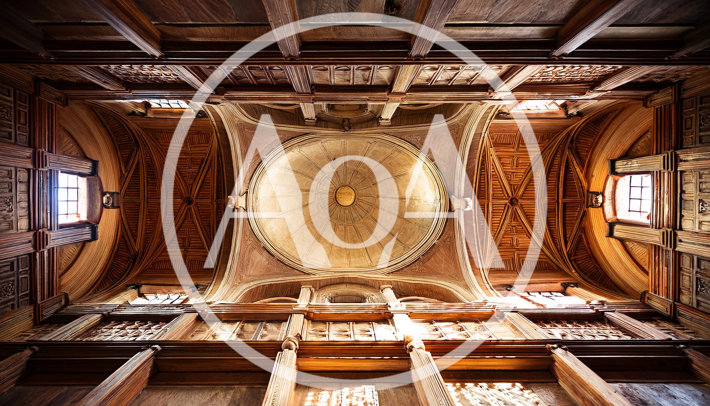 Ornate Wooden Ceiling With Central Dome In Historic Building