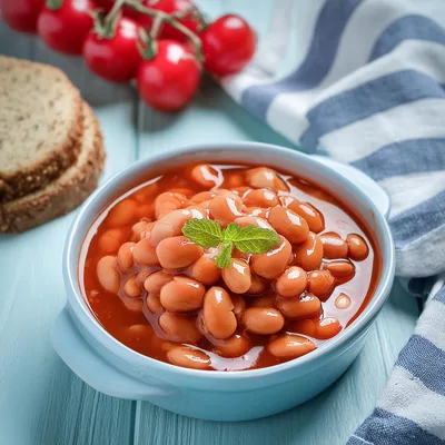 Bowl Of Baked Beans With Tomato Sauce And Herbs