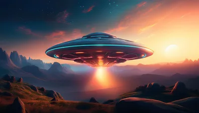 Futuristic UFO Hovering Over Alien Landscape At Sunset