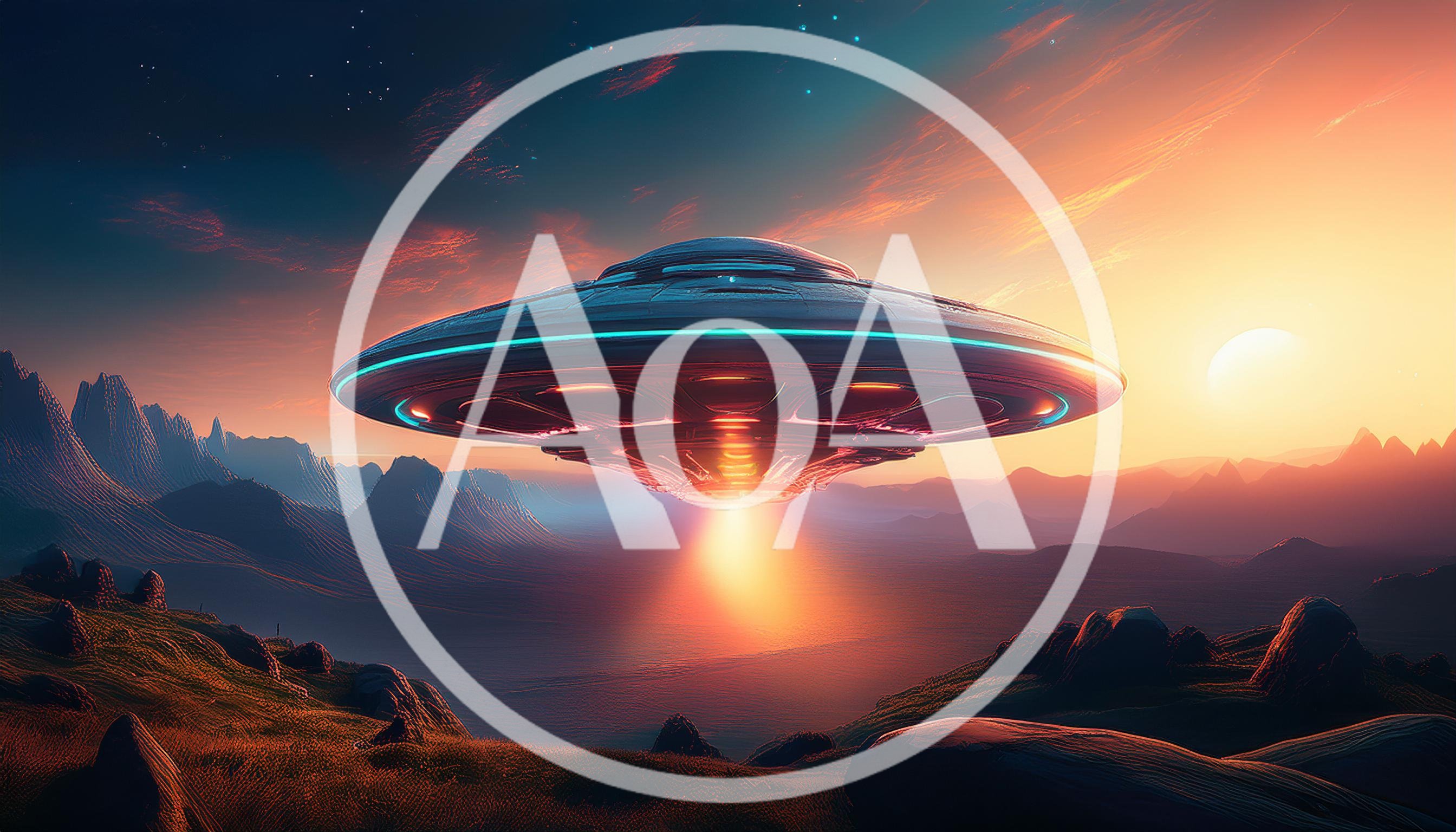 Futuristic UFO Hovering Over Alien Landscape At Sunset
