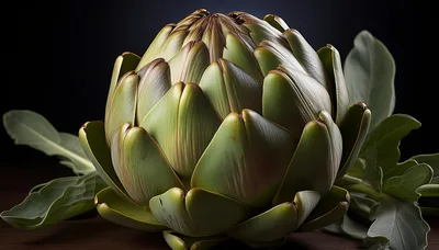 Fresh Globe Artichoke With Leaves On Dark Background