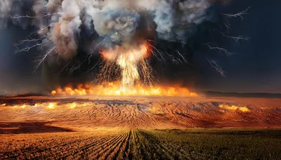 Apocalyptic Volcanic Eruption With Lightning Over Barren Landscape