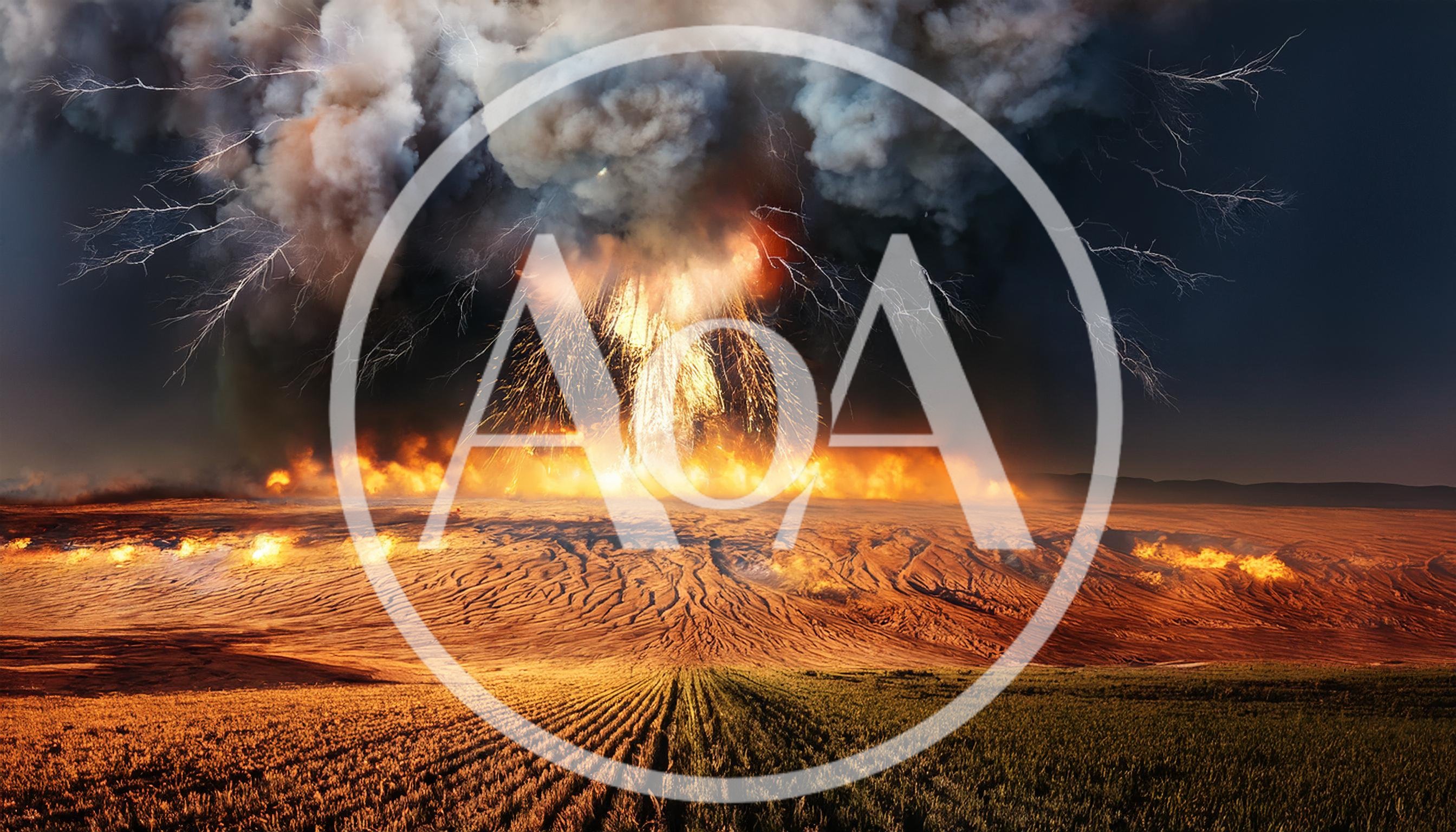 Apocalyptic Volcanic Eruption With Lightning Over Barren Landscape