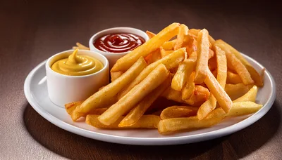 Golden French Fries With Ketchup And Mustard Dips