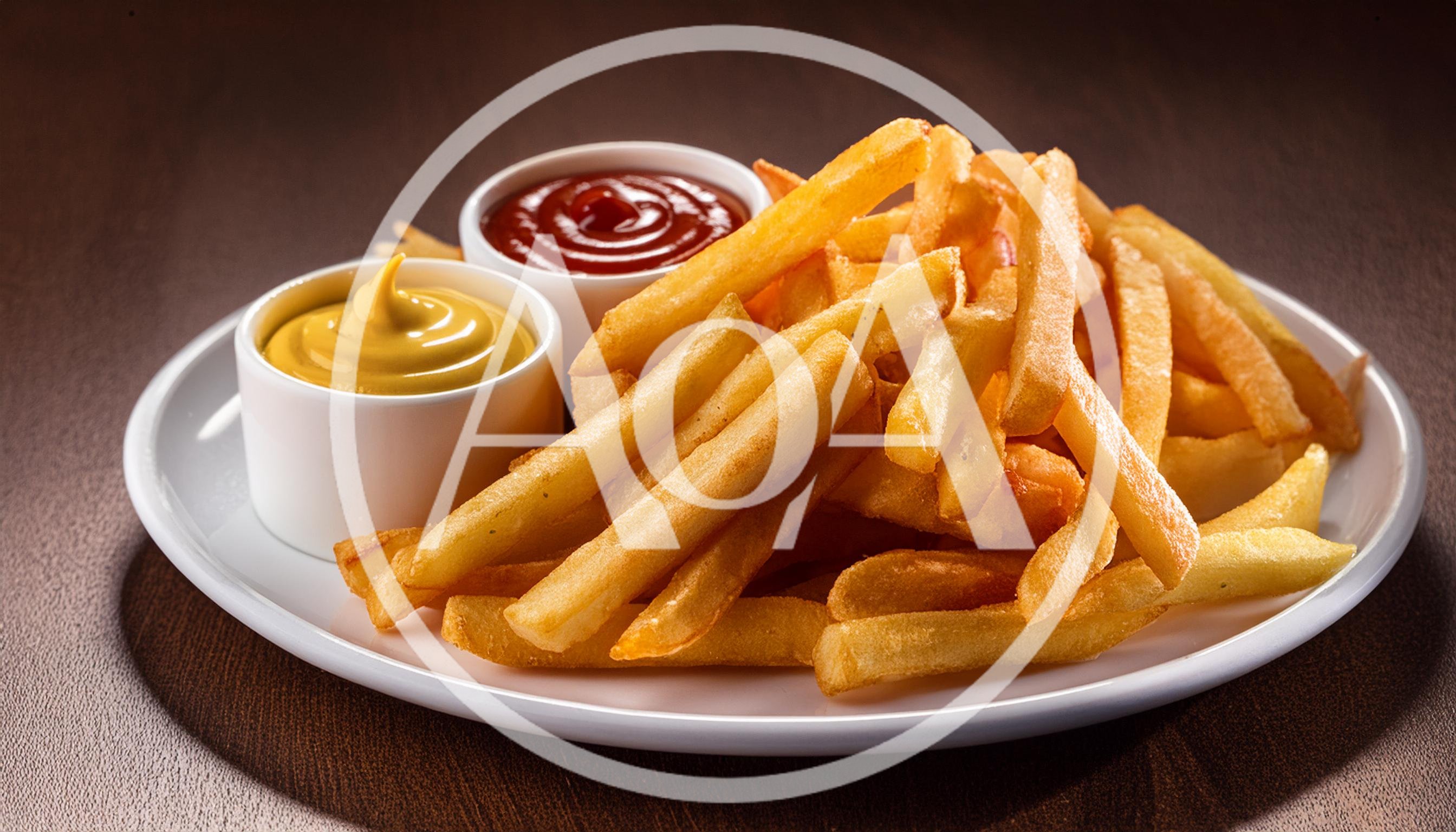 Golden French Fries With Ketchup And Mustard Dips