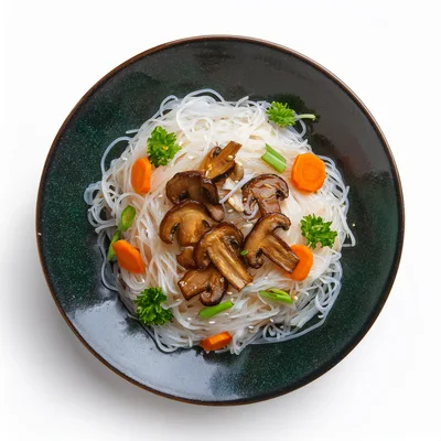 Top View Of Glass Noodles With Mushrooms And Vegetables