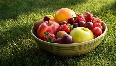 Fresh Assorted Fruit Bowl on Green Grass