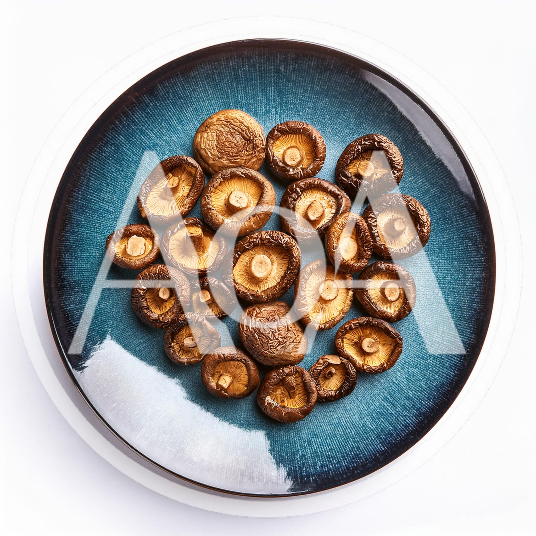 Dried Shiitake Mushrooms Arranged on a Blue Ceramic Plate