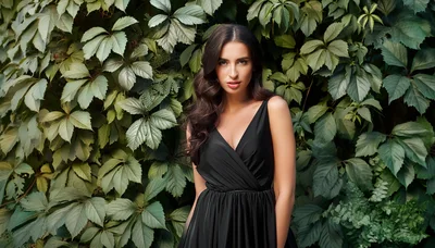 Elegant Woman In Black Dress Standing Against Ivy Wall