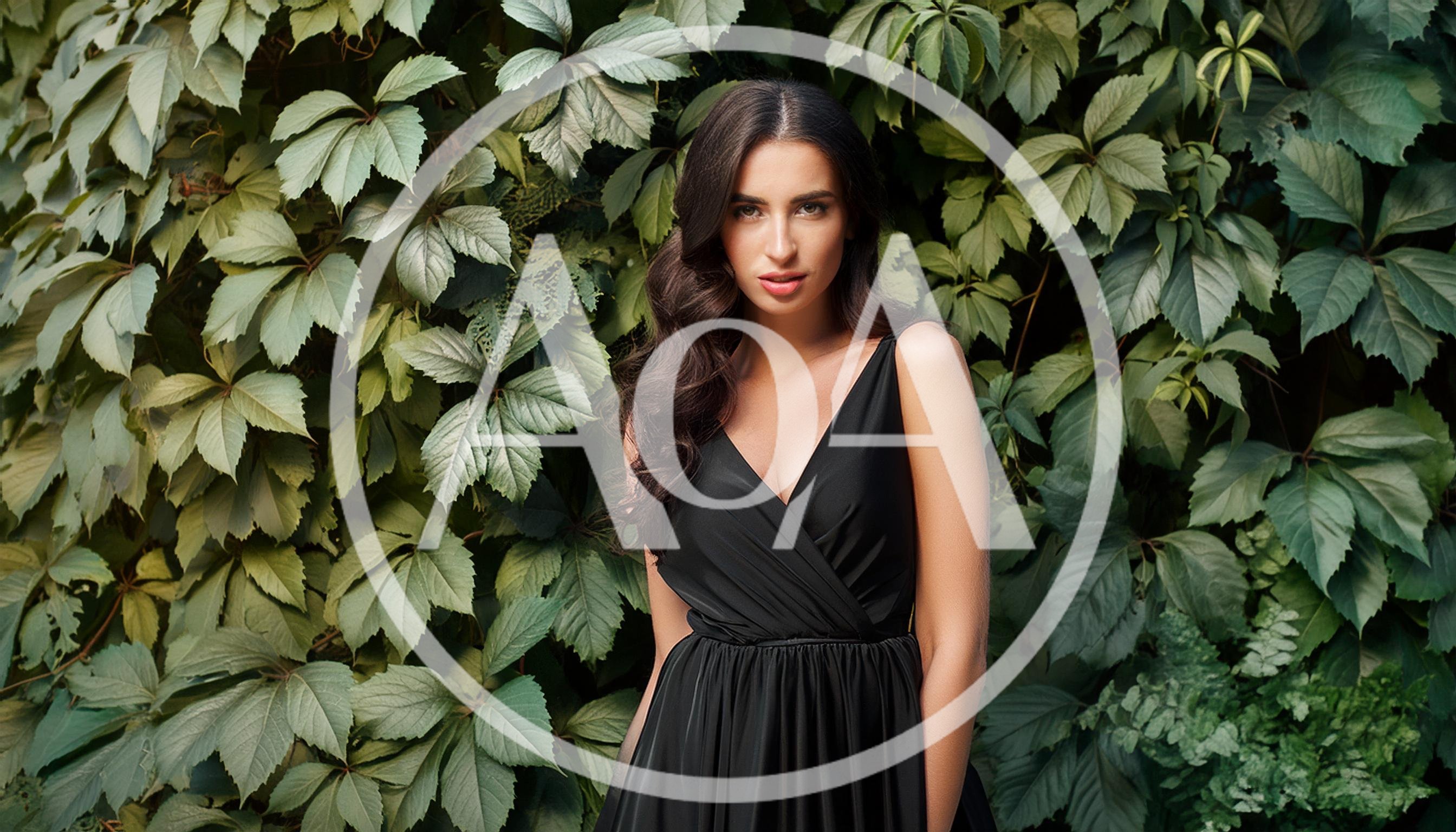 Elegant Woman In Black Dress Standing Against Ivy Wall