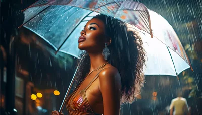 Elegant Woman Holding Umbrella Under Heavy Rain