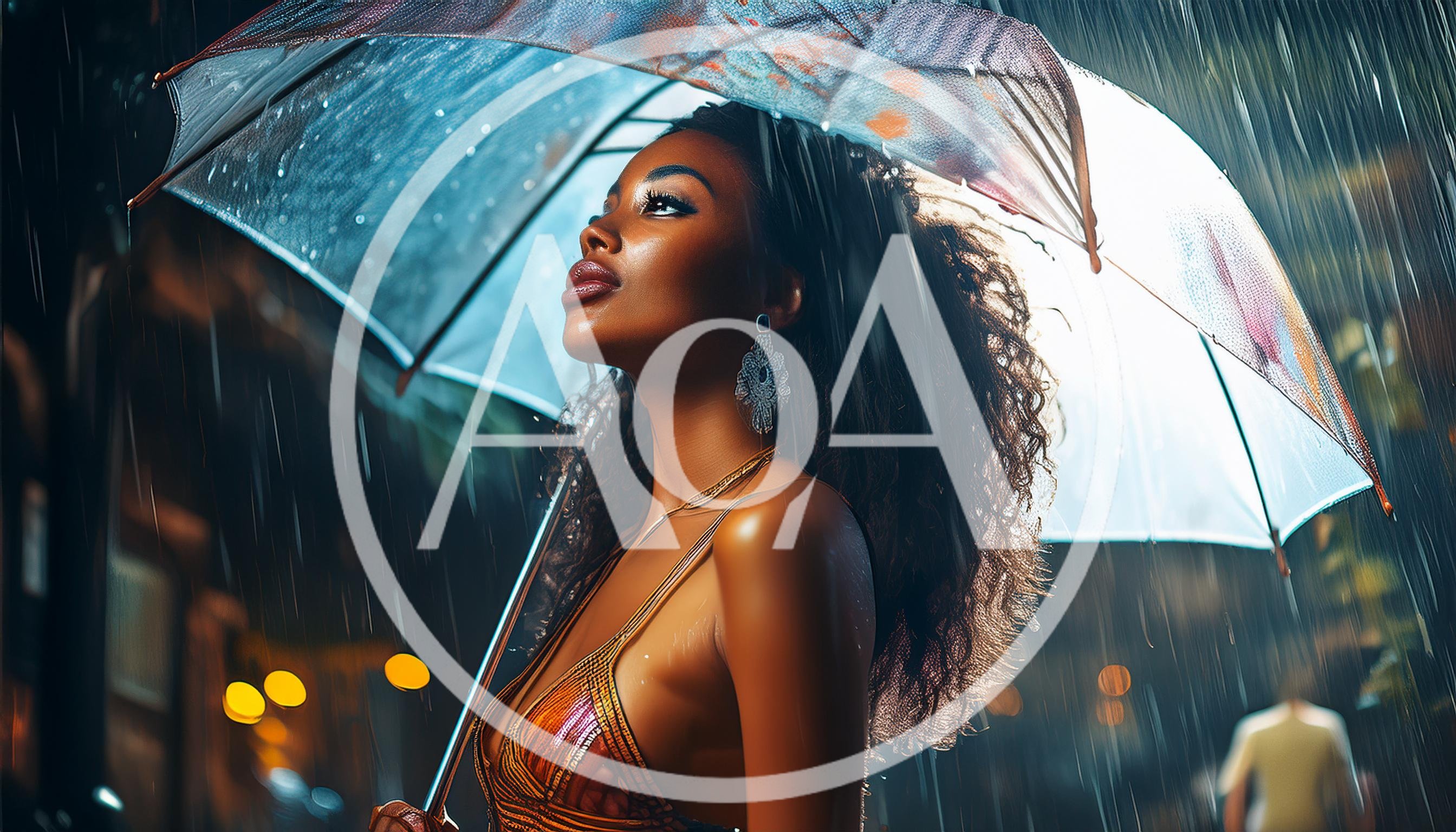 Elegant Woman Holding Umbrella Under Heavy Rain