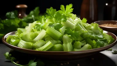 Fresh Chopped Celery Stalks In A Brown Bowl