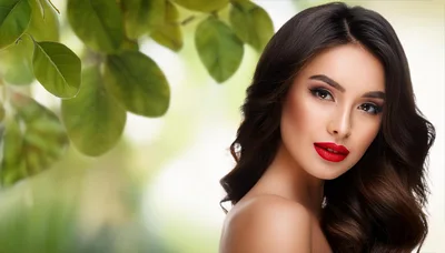 Beautiful Woman With Red Lips And Wavy Hair