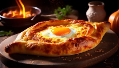 Freshly Baked Adjaruli Khachapuri With Egg On Wooden Board