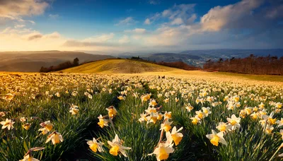Vast Field Of Blooming Yellow Daffodils At Sunset
